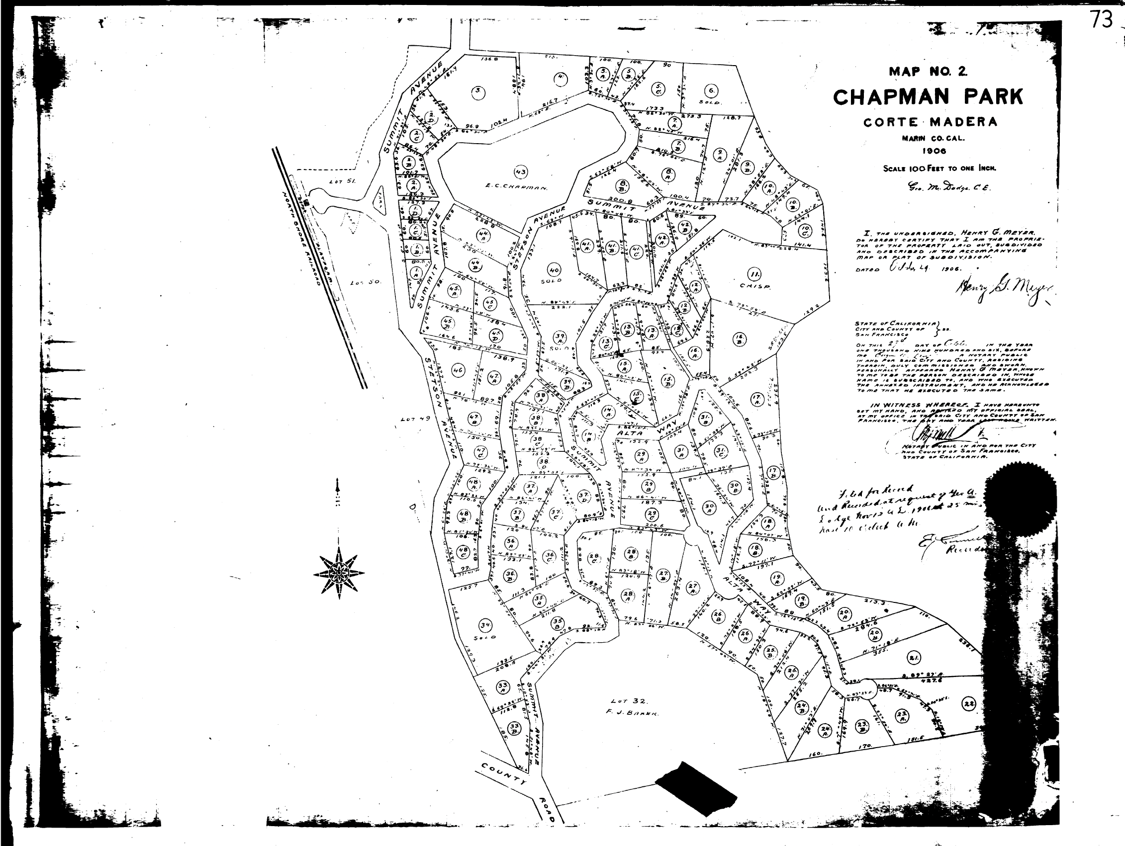 1906 Chapman Park subdivision map, Map No. 2, showing Alta Way and surrounding lots in Corte Madera